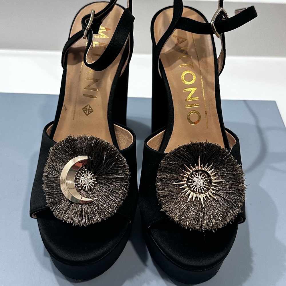 ANTONIO MELANI Black Platform Sandals with Starburst & Moon Accents